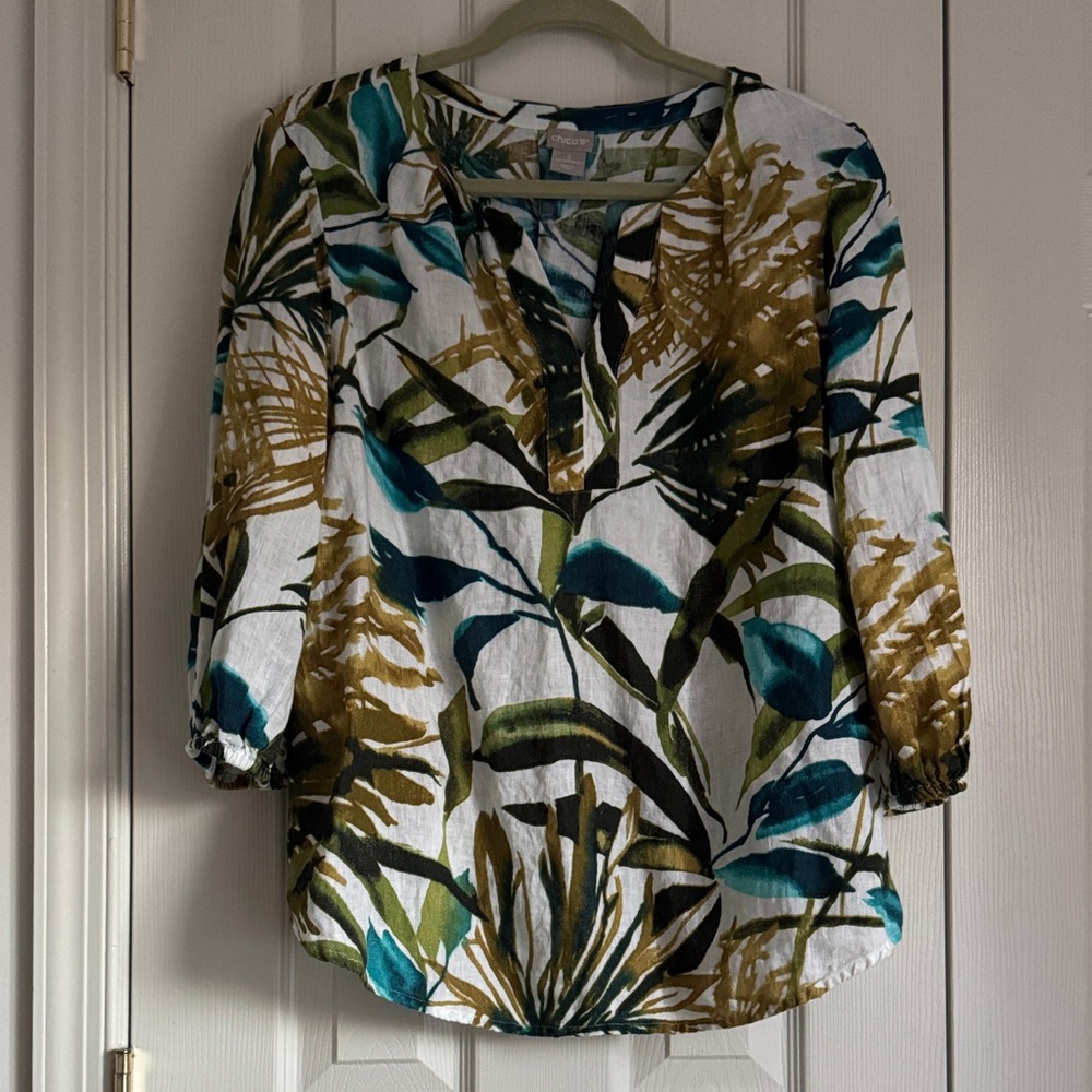 Chico’s 100% Linen Tropical Leaf Print Blouse – Size 3 (16/18)